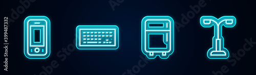Set line Smartphone, Keyboard, Refrigerator and Street light. Glowing neon icon. Vector.