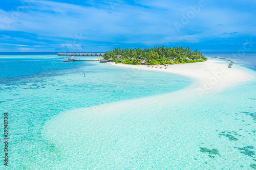 Maldives paradise scenery. Tropical aerial landscape, seascape, water villas with amazing sea and lagoon beach, tropical nature. Exotic tourism destination banner, summer aerial vacation, drone view