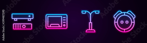 Set line Multimedia and TV box, Microwave oven, Street light and Robot vacuum cleaner. Glowing neon icon. Vector.