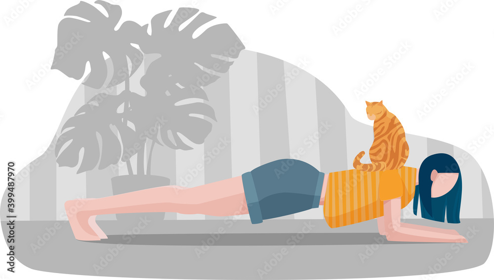 Obraz premium The girl is standing in the plank position, and the cat jumped on her back. Home sports. Vector illustration.