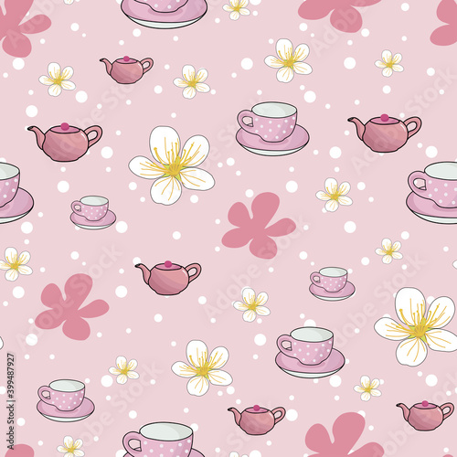 Pink tea pot, cups and flowers seamless pattern