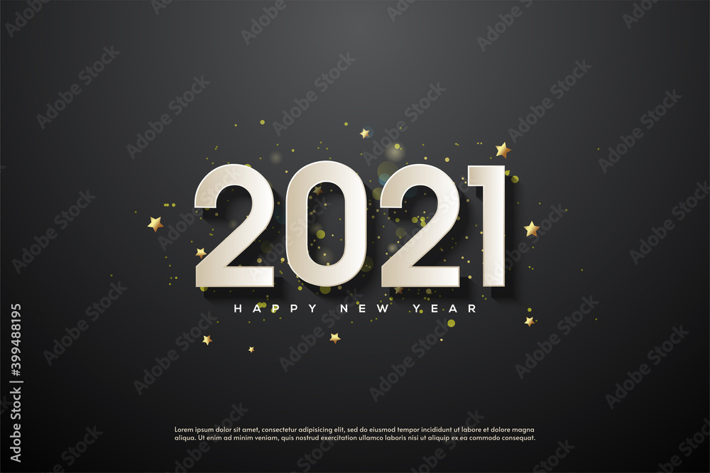 2021 happy new year with white numbers with 3d gold stripes