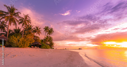 Beautiful tropical beach banner. White sand and coco palms travel tourism wide panorama concept. Amazing sunrise beach landscape, sky sunset clouds, relax nature tranquility, inspirational shore coast