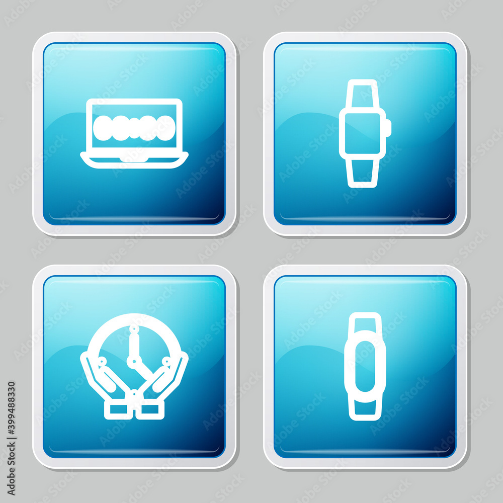 Set line Clock on laptop, Smartwatch, and icon. Vector. Set line Clock on laptop, Smartwatch, and icon. Vector.