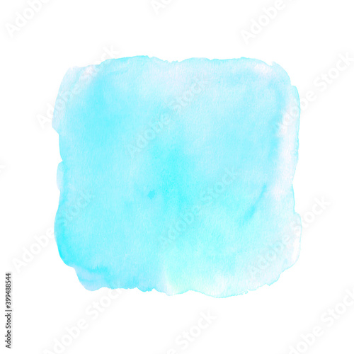 Blue watercolor square splash background. Abstract hand drawn paint textured blot stain spot blob isolated on white background