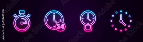 Set line Stopwatch, Clock 24 hours, and . Glowing neon icon. Vector.