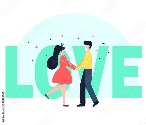 Valentine's Day. girl hugs a guy. couple in love hold a heart. vector in cartoon style