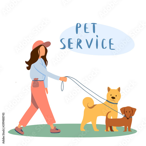 Professional dog handler walks with pet in park. Concept of dog walking service, volunteering, sitter, walker, pet care, dog shelter. Design for poster, banner, flyer, web.