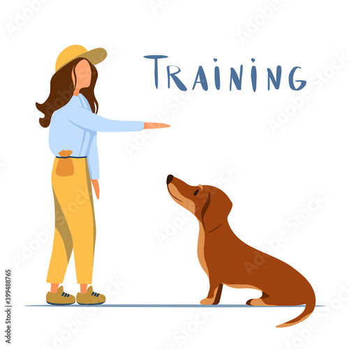 Flat vector illustration. Woman, professional pet instructor teach, and training domestic dog  command sit in pet center or school,  cynological club in lesson. Design for poster, banner, flyer, web.