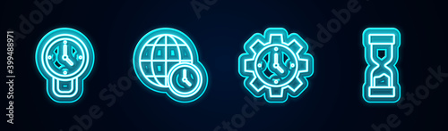 Set line Clock, World time, Time Management and Old hourglass. Glowing neon icon. Vector.