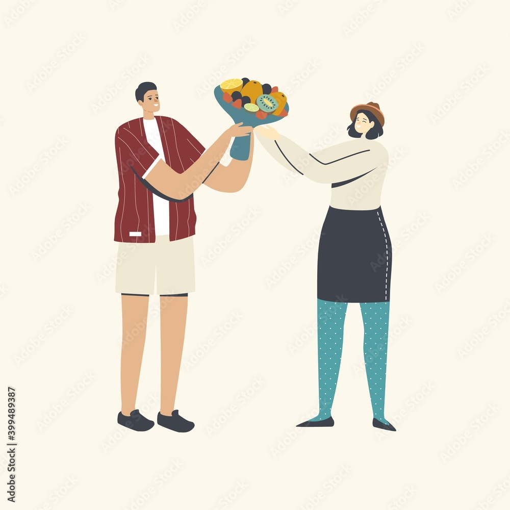 Fototapeta premium Unusual Sweet Present. Man Giving Tasty Gift to Woman, Female Character Taking Edible Bouquets for Dating or Holidays