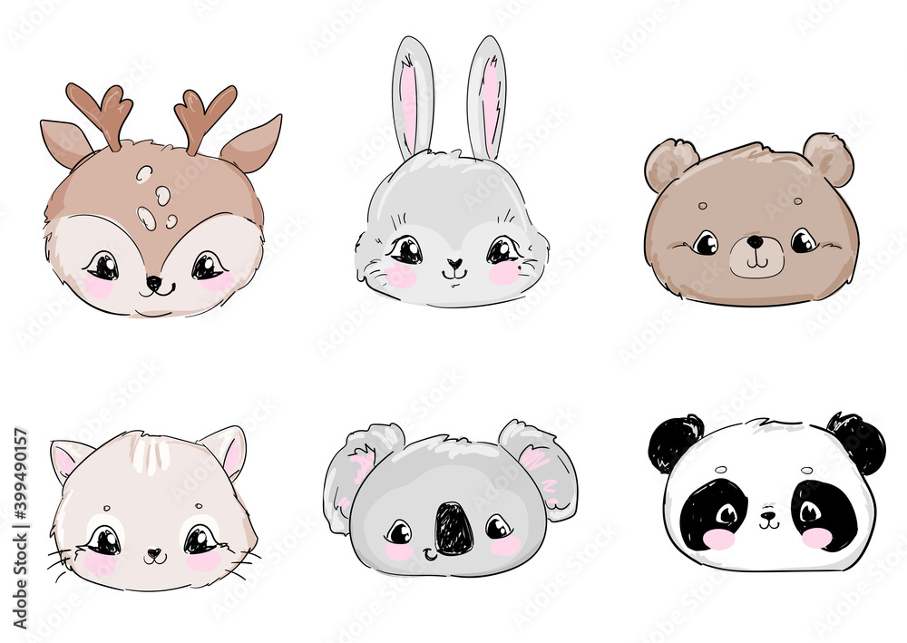 Cute Set Animals Vector Illustration, Bear, Cat, Bunny, Koala, Panda, Deer Cute Set Animals Vector Illustration, Bear, Cat, Bunny, Koala, Panda, Deer