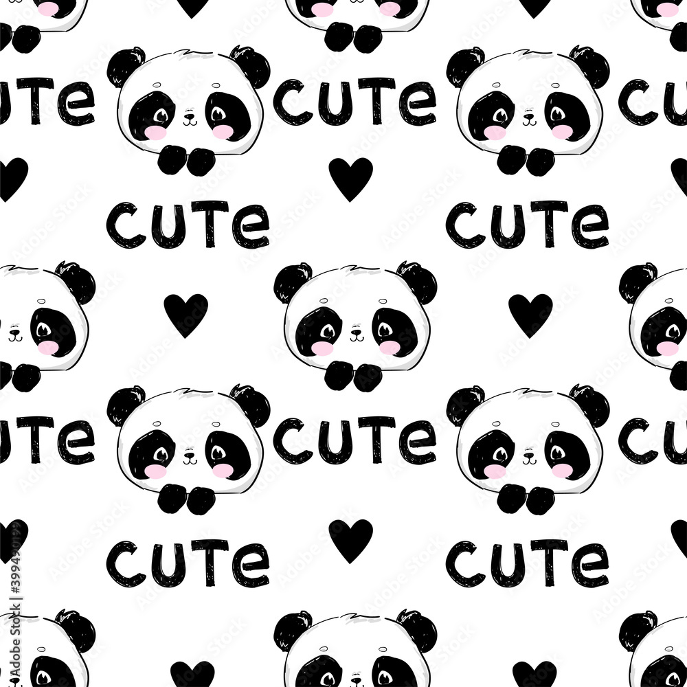 Hand drawn cute panda and heart seamless pattern background vector Hand drawn cute panda and heart seamless pattern background vector