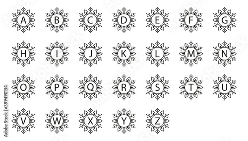 Snowflake alphabet letters, monograms, vector illustration, ideal for cutting. .
