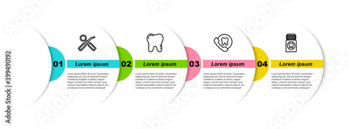 Set line Dental inspection mirror, Tooth, Online dental care and Painkiller tablet. Business infographic template. Vector.
