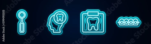 Set line Dental inspection mirror, Human head with tooth, X-ray of and Teeth braces. Glowing neon icon. Vector.