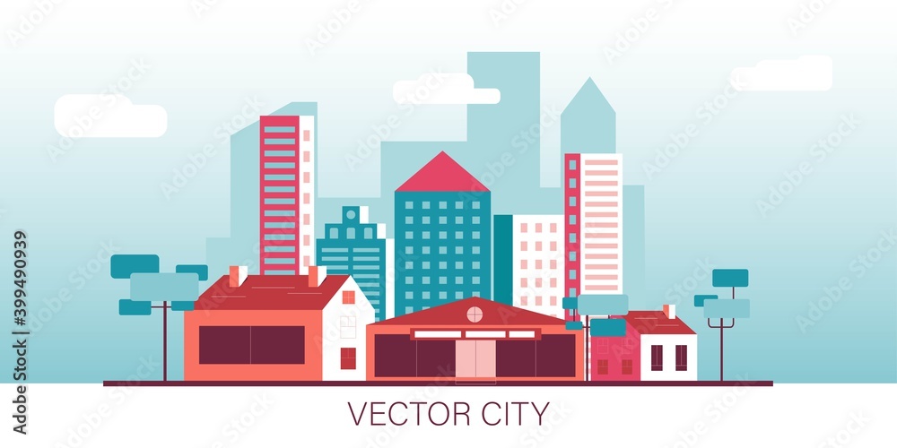 Urban landscape with modern buildings, skyscrapers and suburb with houses, Trees. Simple minimal geometric flat style with blue and red color theme.