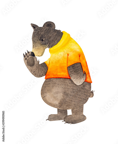 Standing brown bear character wearing orange colored t-shirt, hand painted on watercolor