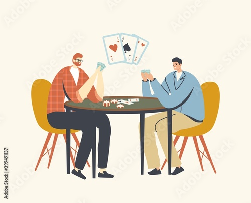 Male Characters Playing Cards Sitting at Table in Casino. Bad Habits and Gambling Addiction Concept, Young Men Playing
