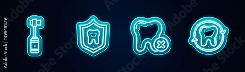 Set line Toothbrush, Dental protection, with caries and whitening. Glowing neon icon. Vector.