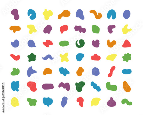 Random colored blotch, inkblot. Organic irregular shapes, Drop of liquid set. Blob blot silhouette icons. Speck distorted rounding formes. Vector