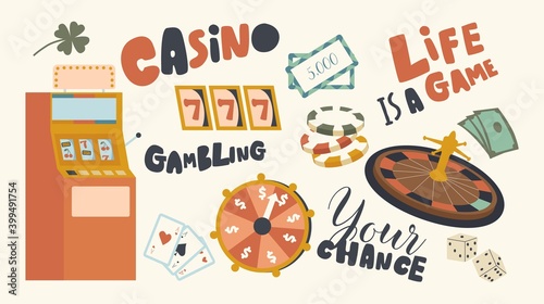 Set of Icons Gambling Games. Slot Machine or One-armed Bandit, Roulette and Playing Cards, Lucky Clover, Game of Chance