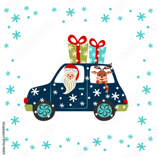 Cute reindeer and Santa are driving a car to the holiday and bringing Christmas gifts. New Year cartoon characters and snowflakes. Flat design. Vector illustration. Isolated white background.