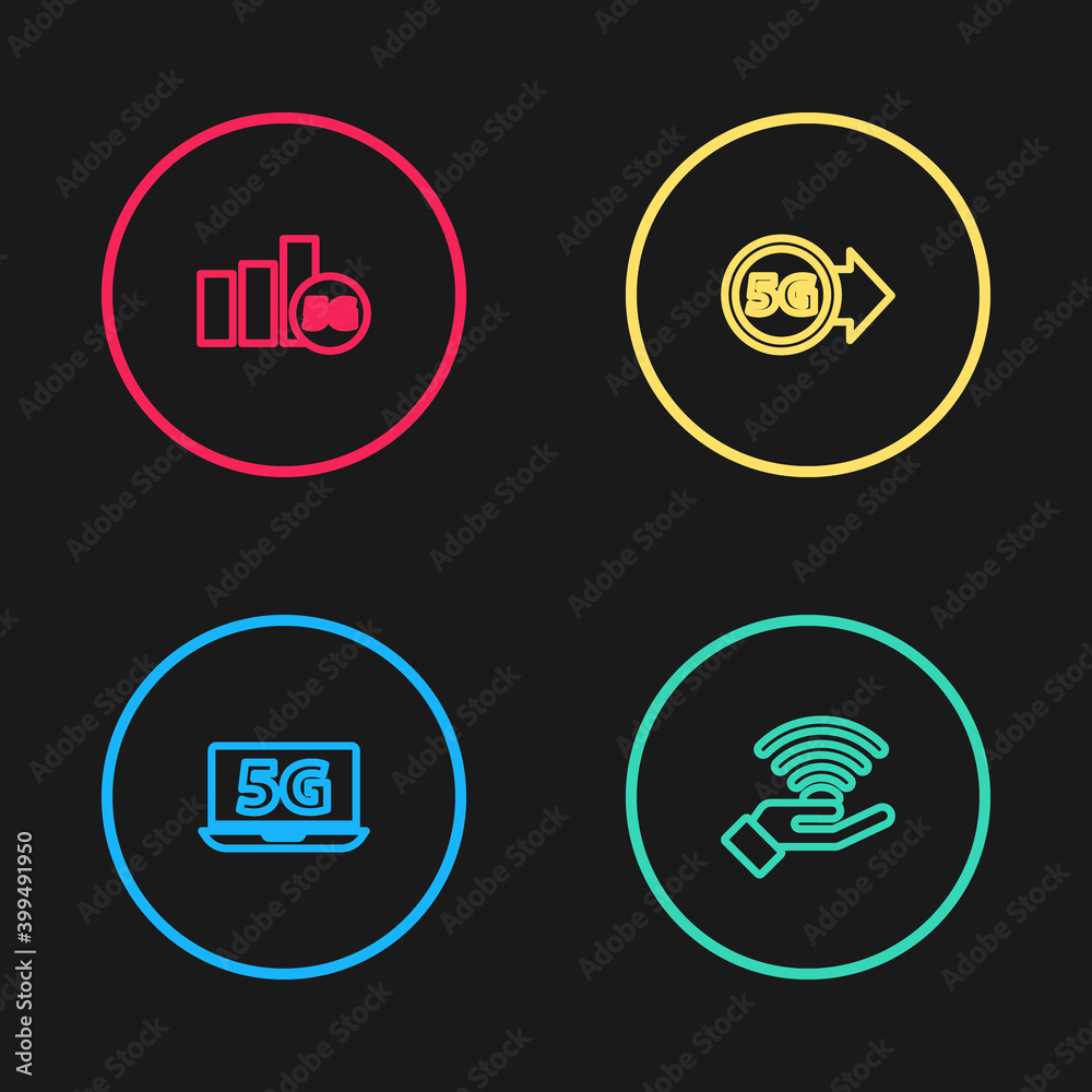 Set line Laptop with 5G network, , and icon. Vector.