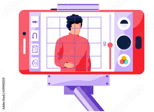 Video player with button on smartphone screen in selfie stick. Male character in a red sweater is recording a video message. A person watches broadcast from a phone fixed to monopod isolated on white