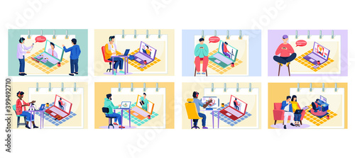 Online communication, video tutorials, remote business conference, professional gamer scenes set. Teacher sits at a table with a laptop and speaks into a microphone, online learning modern education