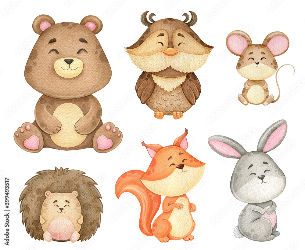 Obraz watercolor set of illustrations with forest animals, set for the design of children's goods. Bear, fox, owl, hare, squirrel
