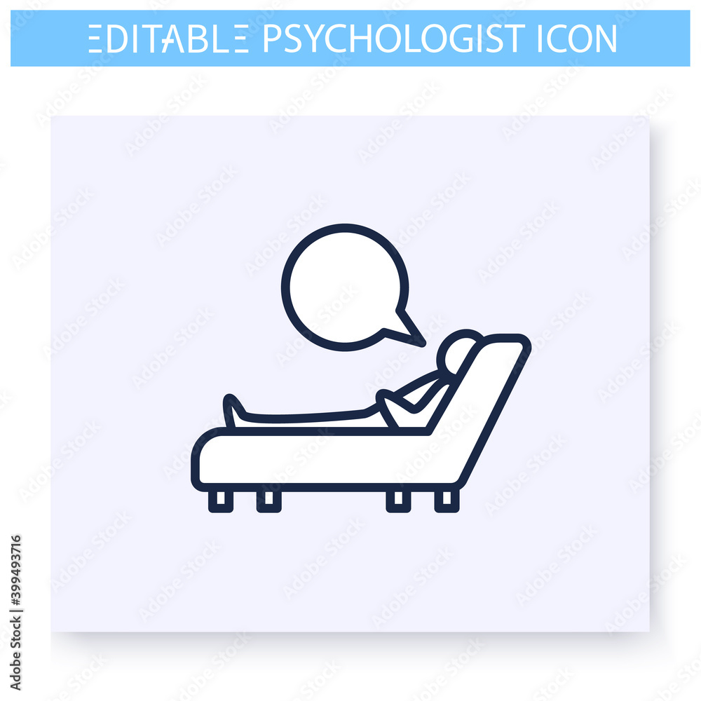 Patient on psychotherapist couch line icon. Psychotherapeutic session. Man describes own problem. Psychotherapy. Mental health care and treatment concept. Isolated vector illustration.Editable stroke 