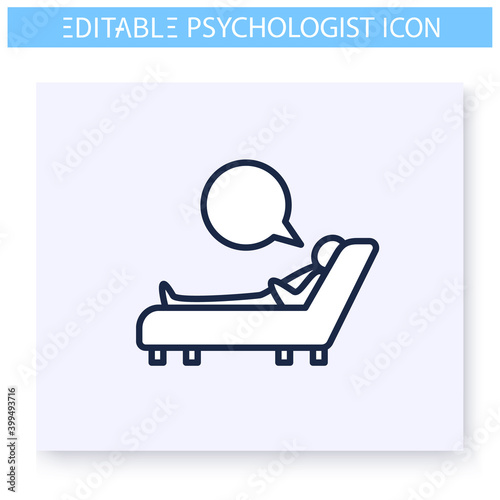 Patient on psychotherapist couch line icon. Psychotherapeutic session. Man describes own problem. Psychotherapy. Mental health care and treatment concept. Isolated vector illustration.Editable stroke 