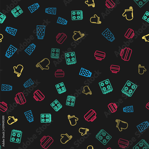 Set line Grater, Gas stove, Oven glove and Cooking pot on seamless pattern. Vector.