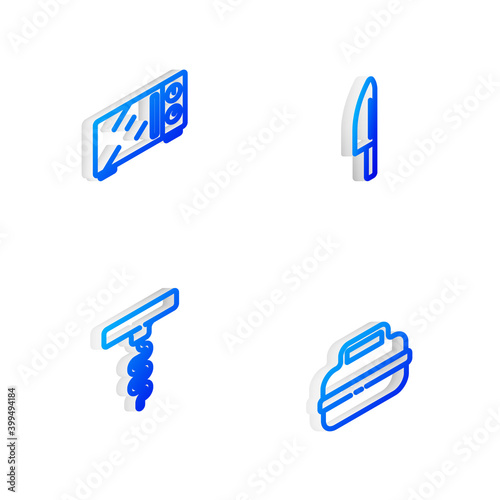 Set Isometric line Knife, Microwave oven, Wine corkscrew and Cooking pot icon. Vector.