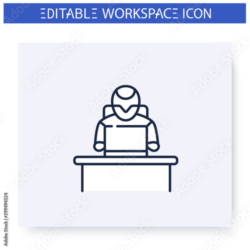 Office robot line icon. Robotization. Artificial intelligence. Smart emerging technologies. Contemporary office. Futuristic workspace innovations concept. Isolated vector illustration.Editable stroke 