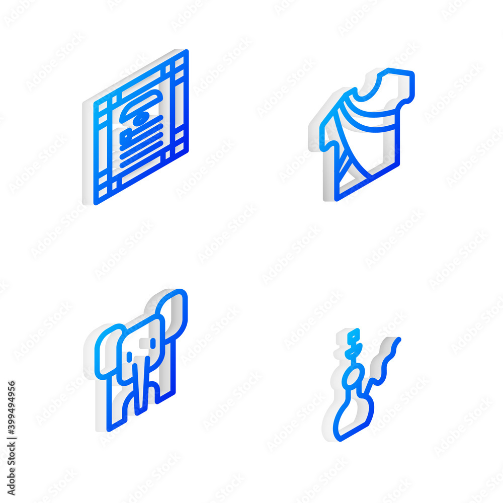 Set Isometric line Indian man dress, constitution day, Elephant and Hookah icon. Vector. Set Isometric line Indian man dress, constitution day, Elephant and Hookah icon. Vector.