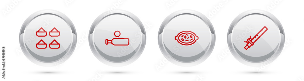 Set line Indian spice, Wood cricket bat and ball, Kheer in bowl and Bamboo flute indian. Silver circle button. Vector.