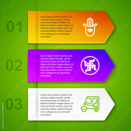Set line Hamsa hand, Hindu swastika, Taxi tuk tuk and Indian vase. Business infographic template. Vector.