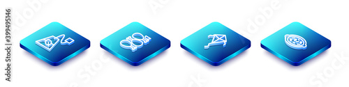 Set Isometric line Tea bag, Tandoori chicken, Kite and Kheer in bowl icon. Vector.