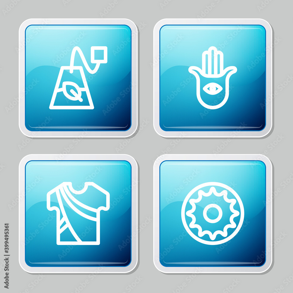 Set line Tea bag, Hamsa hand, Indian man dress and Chakra icon. Vector. Set line Tea bag, Hamsa hand, Indian man dress and Chakra icon. Vector.
