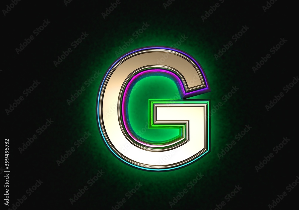 Grey brassy with colorful dichroic film outline and green backlight font - letter G isolated on grey background, 3D illustration of symbols Grey brassy with colorful dichroic film outline and green backlight font - letter G isolated on grey background, 3D illustration of symbols