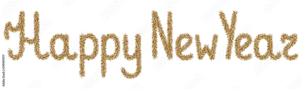 Tinsel. Happy New Year. Lettering from a holiday decoration. Gold. Fluffy lettering. Vector illustration. Isolated white background. Cute plush message. A rustling wish. Idea for web design, banner.