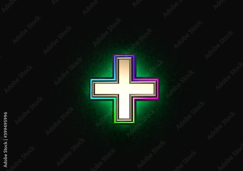 Fototapeta premium Grey brassy with colorful dichroic glass outline and green backlight alphabet - plus isolated on dark, 3D illustration of symbols