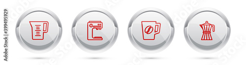 Set line Jug glass with water, Coffee machine, cup and moca pot. Silver circle button. Vector.