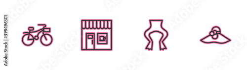 Set line Bicycle, Frog legs, Coffee shop and Elegant women hat icon. Vector.