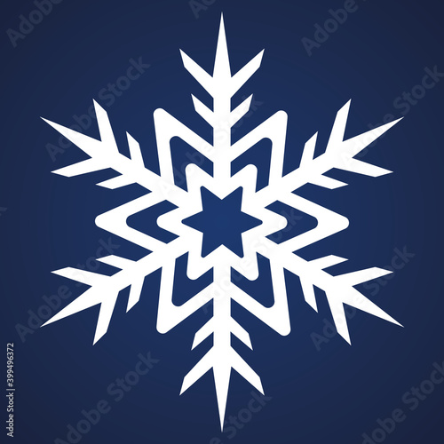 Snowflake. Festive ornament. Vector illustration. Isolated blue background. Flat style. A fragile crystal of intricate shape. Frostwork. Snow flakes. Frozen star. Arctic icon. Christmas. New Year.