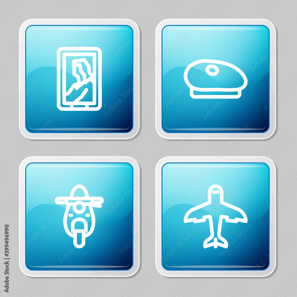 Set line Portrait in museum, French beret, Scooter and Plane icon. Vector. Set line Portrait in museum, French beret, Scooter and Plane icon. Vector.