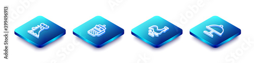Set Isometric line French rooster, press, Rooster weather vane and Covered with tray icon. Vector.