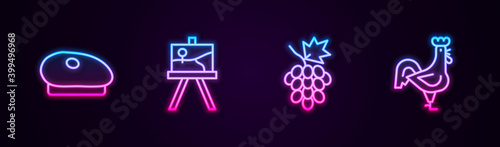 Set line French beret, Easel or painting art boards, Grape fruit and rooster. Glowing neon icon. Vector.